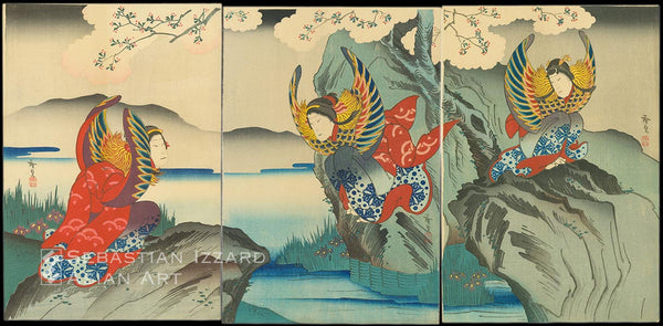 UTAGAWA HIROSADA (active 1818−65)  Nakamura Tamashichi I, Arashi Rikaku I, and Sawamura Kito I performing as spirits of mandarin ducks  Color woodblock print: oban tate-e triptych each sheet approx. 36.8 x 25.4 cm; 1849 Signed: Hirosada sealed: Konishi Gocho Publisher: [Kinkado]