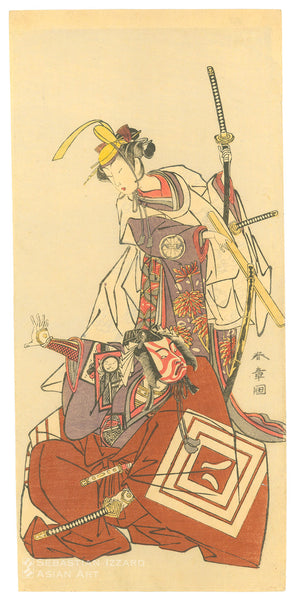 KATSUKAWA SHUNSHŌ (1726&ndash;1792)<br /> <em>Ichikawa Yaozō II as Hachiōmaru Aratora and Segawa Kikunojō III as Aigo no Waka </em>Color woodblock print: <em>hosoban</em>, 12⅞ x 6 in. (32.7 x 15.2 cm); 1774 Signed: <em>Shunshō ga</em>