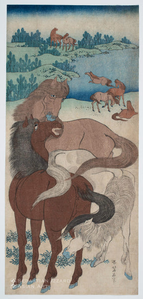 KATSUSHIKA HOKUSAI (1760&ndash;1849)<br /> <em>Horses in a Pasture</em> Color woodblock print: <em>nagaban tate-e</em>, 19⅜ x 9 in. (49.2 x 23.5 cm); ca. 1833-34 Signed: <em>Saki no Hokusai Iitsu hitsu</em> Publisher: [Kinshindō (Moriya Jihei)]
