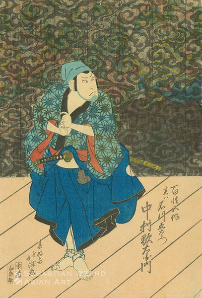 SHUNKOSAI HOKUSHU (active 1810−32)  Nakamura Utaemon III as Ishikawa Goemon disguised as the Farmer Gosaku (Hyakusho Gosaku jitsu wa Ishikawa Goemon: Nakamura Utaemon)  Color woodblock print: oban tate-e 38.4 x 26 cm; early 1830 Signed: Shunkosai Hokushu ga; sealed: Hokushu Publisher: Honya Seishichi Engraver’s seal: Kasuke hori