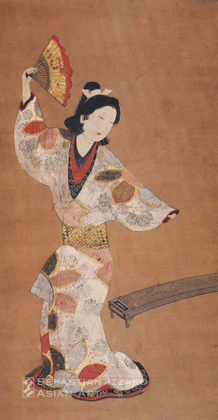 ARTIST UNKNOWN (active third quarter of the 17th century) Beauty Dancing with a Fan (detail) Hanging scroll; ink, color, and gold pigment on paper; 79.1 x 29.5 cm