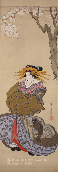 Courtesan on Parade beneath Flowering Cherry Keisai Eisen (1790–1848) Hanging scroll: ink, color, gold, and silver pigment on silk 90.2 x 29.8 cm; Bunsei era, 1820–25 Signature: Keisai Eisen, sealed Keisai
