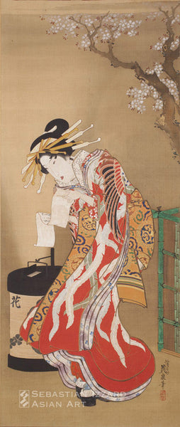 Hanaogi Reading a Letter by Lamplight Keisai Eisen (1790–1848) Hanging scroll: ink, color, and gold pigment on silk 84.8 x 35.7 cm; late Tempo era, ca 1838–42 Signature: Keisai Eisen, sealed Kei and Sai