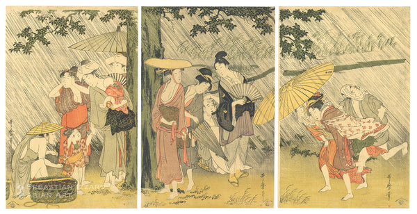 KITAGAWA UTAMARO (1754&ndash;1806)<br /> <em>Sheltering from the Rain</em> Color woodblock print: <em>ōban tate-e</em> triptych, 15⅛ x 9&frac34; in. (38.4 x 24.8 cm); 15 x 9⅞ in. (38.1 x 25.1 cm); 15⅛ x 9⅞ in. (38.4 x 25.1 cm); ca. 1799 Signed: <em>Utamaro hitsu</em> Publisher: Senkakudō (Tsuruya Kinsuke) Provenance: Henri Vever