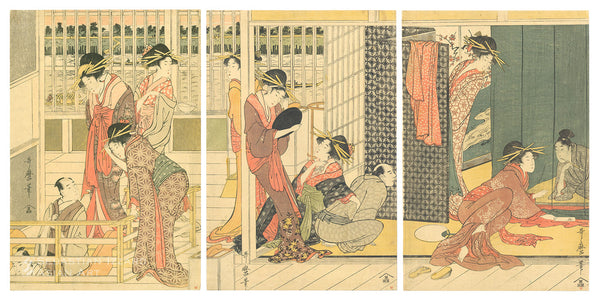 KITAGAWA UTAMARO (1754&ndash;1806)<br /> <em>Early Morning at a Temporary Brothel</em> Color woodblock print: <em>ōban tate-e</em> triptych, 14⅝ x 9⅞ in. (37.1 x 25.1 cm); 14⅝ x 9⅞ in. (37.1 x 25.1 cm); 14⅝ x 9⅝ in. (37.1 x 24.4 cm); ca. 1800 Signed: <em>Utamaro hitsu</em> Censor&rsquo;s seal: <em>kiwame </em>(approved) Publisher: Moriya Jihei Provenance: Henri Vever