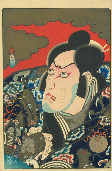 UTAGAWA KUNIMASU  (active 1830–52)  Ichikawa Ebizo V as Kumagai Jiro Naozane  Color woodblock print: oban tate-e 39.1 x 25.4 cm; ca. 1849 Signed: Kunimasu