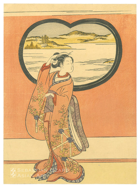SUZUKI HARUNOBU (1724&minus;1770)<br /> <em>Illustration to a Poem by Jakuren</em> Color woodblock print: <em>chūban tate-e</em>, 10⅞ x 8 in. (27.6 x 20.3 cm); 1765 Series: <em>Poems for Three Evenings</em> (Sanseki no uta) Unsigned