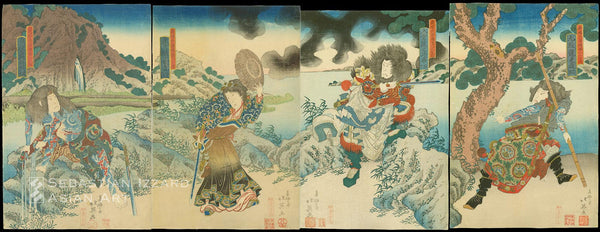 SHUNBAISAI HOKUEI (active 1829−37) • Three Heroes of the Water Margin Capture the Bandit Queen Ichijosei Color woodblock print: oban tate-e tetraptych • 1835 • 38.4 x 25.4 cm  each
