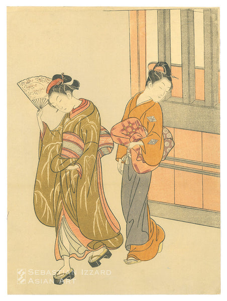 SUZUKI HARUNOBU (1724&minus;1770)<br /> <em>Cool Mountain Gust of the Fan </em>(Ōgi no seiran) Color woodblock print: <em>chūban tate-e</em>, 10⅞ x 8 in. (27.6 x 20.3 cm); 1766 Series: <em>Eight Views of the Parlor Room </em>(Zashiki hakkei) Unsigned Publisher: Shokakudō