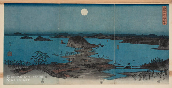 UTAGAWA HIROSHIGE (1797&minus;1858)<br /> <em>Panorama of the Eight Views of Kanazawa under a Full Moon </em>(Buyō Kanazawa hasshō yakei)<br>Color woodblock print: ōban tate-e triptych, each sheet approx. 14⅜ x 9¾ in. (36.5 x 24.8 cm); 7/1857 Untitled series: three prints on the theme of “Snow, Moon, and Flower” Signed: <em>Hiroshige hitsu</em>; sealed: <em>Ichiryūsai</em> Censor’s seals: <em>aratame</em> (certified) and date seal Publisher: Shōeidō (Okazawaya Taheiji) Provenance: Werner Schindler