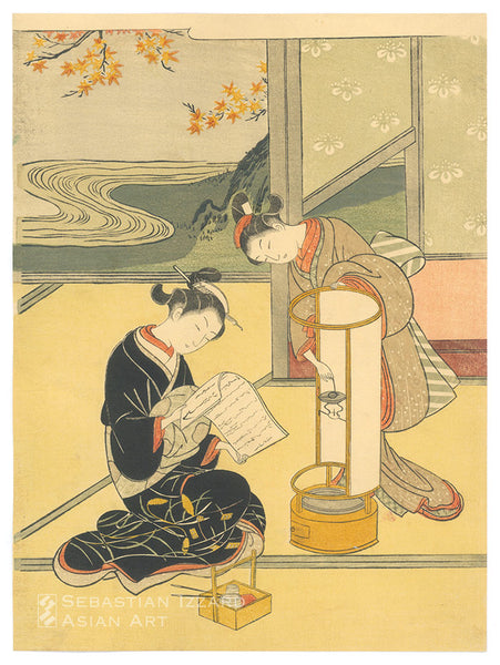 SUZUKI HARUNOBU (1724&minus;1770)<br /> <em>Evening Glow of the Lamp </em>(Andō no sekisho) Color woodblock print: <em>chūban tate-e</em>, 10&frac14; x 7⅞ in. (26.0 x 20.0 cm); 1766 Series: <em>Eight Views of the Parlor Room </em>(Zashiki hakkei) Unsigned Provenance: Charles Andre Spoerry (1891&ndash;1940)