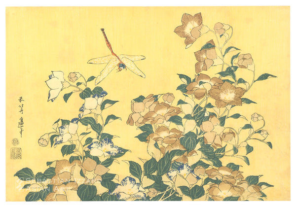 KATSUSHIKA HOKUSAI (1760&ndash;1849)<br /> <em>Chinese Bell Flowers and Dragonfly</em> Color woodblock print: <em>ōban yoko-e</em>, 10⅛ x 14⅞ in. (25.7 x 37.8 cm); ca. 1832 Untitled series: of &ldquo;large flowers&rdquo; Signed: <em>Saki no Hokusai Iitsu hitsu</em> Censor&rsquo;s seal: <em>kiwame</em> (examined) Publisher: Eijudō (Nishimuraya Yohachi II)
