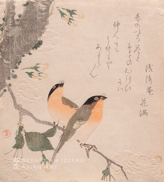 Bullfinches Perched on a Double Cherry Tree