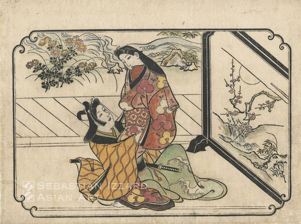 HISHIKAWA MORONOBU (d. 1694) Lovers beside a Screen Woodblock print, sumizuri-e, hand-colored; oban yoko-e, 27 x 36.8 cm