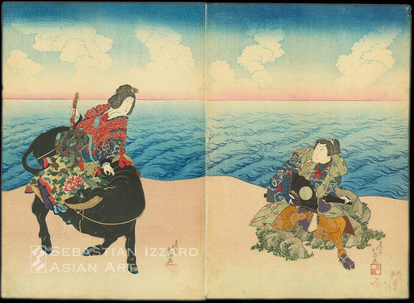 SHUNBAISAI HOKUEI (active 1829−37)  Arashi Rikan II as Tametomo and Iwai Shijaku I as Princess Neiwanjo  Color woodblock print: oban tate-e diptych each sheet 37.5 x 25.4 cm; 1833 Signed: Shunkoai Hokuei ga sealed: Hokuei and Fumoto no Yuki Publisher: Matsubaya Engraver’s seal: Surimono horu Kasuke