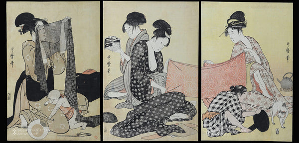 KITAGAWA UTAMARO  (1754–1806)  Women Sewing in an Interior  Color woodblock print, yellow ground: ōban tate-e triptych, 14½ x 9½ in. (36.8 x 24.1 cm); 14½ x 9⅝ in. (36.8 x 24.4 cm); 14¾ x 10 in. (37.5 x 25.4 cm); circa 1795 Signed: Utamaro hitsu Publisher: Uemura Yohei