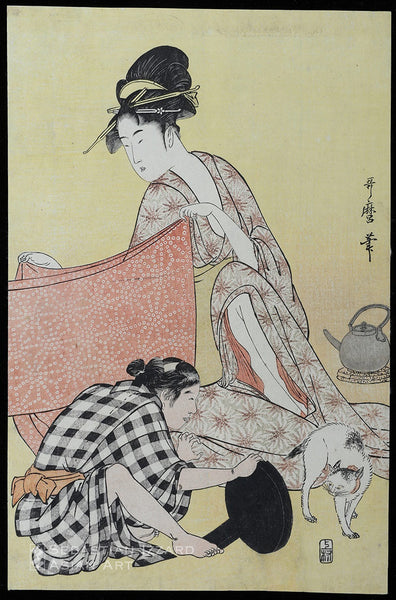 KITAGAWA UTAMARO  (1754–1806)  Women Sewing in an Interior  Color woodblock print, yellow ground: ōban tate-e triptych, 14½ x 9½ in. (36.8 x 24.1 cm); 14½ x 9⅝ in. (36.8 x 24.4 cm); 14¾ x 10 in. (37.5 x 25.4 cm); circa 1795 Signed: Utamaro hitsu Publisher: Uemura Yohei