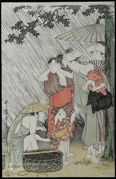 KITAGAWA UTAMARO  (1754–1806)  Sheltering from the Rain  Color woodblock print: ōban tate-e triptych, 15⅛ x 9¾ in. (38.4 x 24.8 cm); 15 x 9⅞ in. (38.1 x 25.1 cm); 15⅛ x 9⅞ in. (38.4 x 25.1 cm); circa 1799 Signed: Utamaro hitsu Publisher: Tsuruya Kinsuke