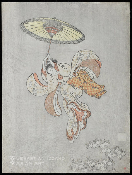 SUZUKI HARUNOBU (1724−1770)  Beauty Leaping Off the Balcony of Kiyomizu Temple  Color woodblock print: chūban tate-e, 10¼ x 7⅝ in. (26 x 19.4 cm); 1765 Conceiver’s seal: illegible [Kosen no shō]