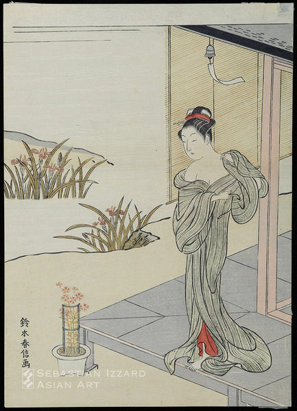 SUZUKI HARUNOBU (1724−1770)  Woman Cooling Off on a Veranda  Color woodblock print: chūban tate-e, 11 x 7⅞ in. (27.9 x 20 cm); circa 1766─67 Signed: Suzuki Harunobu ga