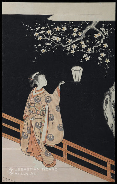 SUZUKI HARUNOBU (1724−1770)  Woman Admiring Plum Blossom at Night  Color woodblock print: chūban tate-e, 13⅜ x 8⅜ in. (34 x 21.3 cm); 1766 Unsigned