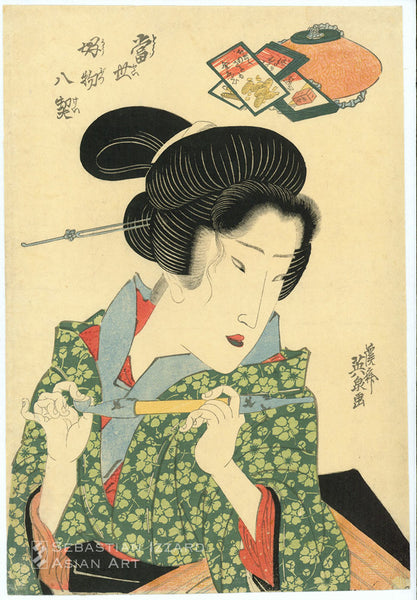 KEISAI EISEN (1790-1848)<br><i>Playing Cards</i> (Hanafuda)<br> Color woodblock print: <i>öban tate-e, </i> 14¾ x 10⅛ in. (37.5 x 25.7 cm); 1823 Series: <i>Eight Favorite Things of the Modern World</i> (Tōsei kōbutsu hakkei) Signed: <i>Keisai Eisen ga</i> Publisher: [Izumiya Ichibei]