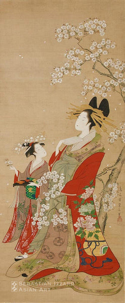 HOSODA EISHI (1756−1829)   Courtesan and Kamuro Admiring Cherry Blossom (detail)  Hanging scroll: ink, color, and gold pigment on silk H: 92.1 ck; W: 38.1 cm Bunka era, circa 1813−14 Signed: Chobunsai Eishi zu Sealed: Eishi