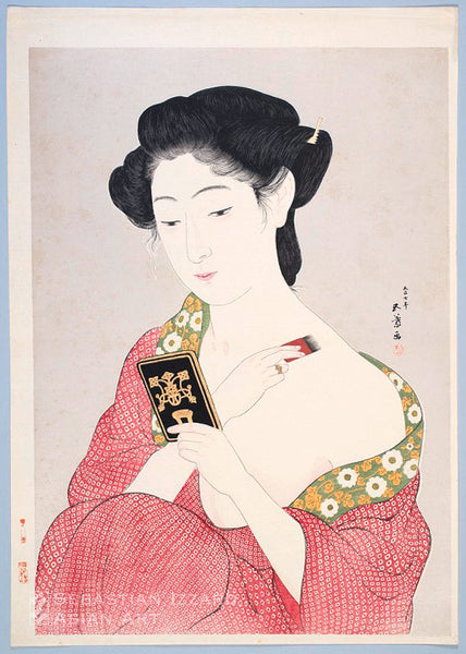 HASHIGUCHI GOYŌ (Japanese, 1880–1921)<br><i>Woman Applying Powder </i><br>Color woodblock print with silver mica and gold-leaf highlights, 21⅝ x 15⅜ in. (54.9 x 39.1 cm); 1918 Signed: <i>Taishō shichinen </i> (the seventh year of Taishō) <i>Goyō ga </i> Sealed: <i>Goyō </i> (five leaves) Printer: Takano Shichinosuke Block carver: Somekawa Kanzō Privately published Provenance: Henry Steiner