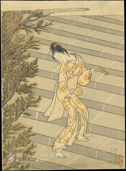 SUZUKI HARUNOBU (ca. 1725-1770) Girl performing the oyakudo ritual Color woodblock print: chuban tate-e,  27.3 x 19.7 cm; 1765 Signed: Suzuki Harunobu ga