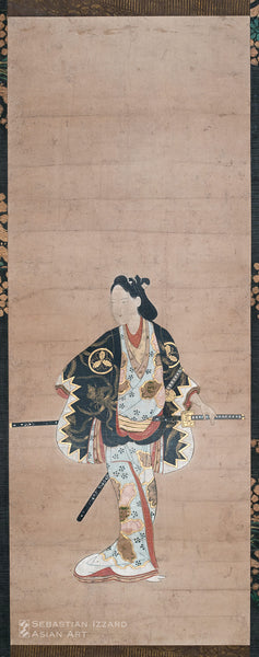 ARTIST UNKNOWN<br /><i>Standing Figure of a Young Man</i> (Wakashū) Hanging scroll: ink and color on paper Edo period, ca. 1650&ndash;60 Unsigned 26 x 10 in. (66.0 x 25.5 cm)