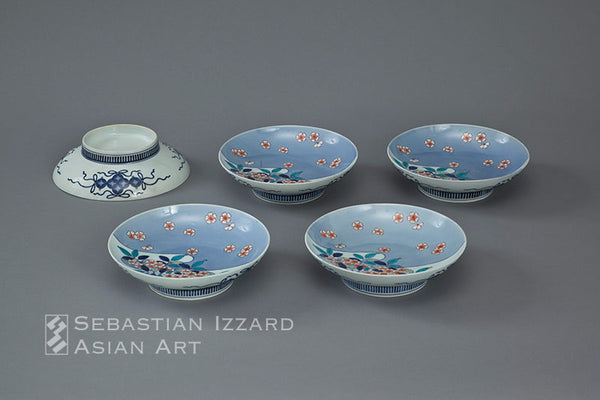 Five Porcelain Dishes with Cherry and Cloud Design