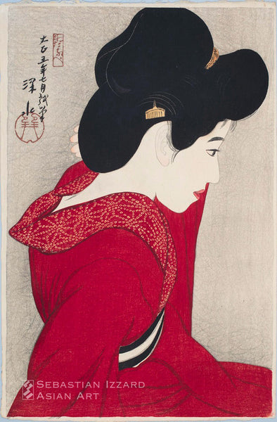 ITŌ SHINSUI (Japanese, 1898–1972) <br><i>Before the Mirror</i> (Taikyō)<br>Color woodblock print: large <i>ōban tate-e</i>, 17⅜ x 11½ in. (44.1 x 29.2 cm); dated Taishō 5, seventh month (7/1916) Signed: <i>Shihitsu</i> (drawn as an experiment) <i>Shinsui</i> Sealed: <i>Itō</i> Publisher: Watanabe Shōsaburō Registration in pencil on verso 110/150, signed S. <i>Watanabe</i> and sealed <i>Watanabe</i> Provenance: Henry Steiner