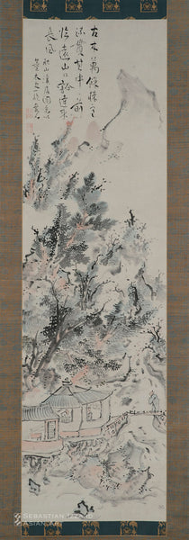 IKE TAIGA (1723–1776)   Scholar’s Pavilion in an Autumnal Mountain Landscape  Hanging scroll: ink and light color on paper  Edo period, 1760s 52⅜ x 15 in. (133.0 x 38.1 cm) Signed: Shūzan kei-i no zu keii, Tō taishi Dong ichi zetsu, Mumei (A painting of “Dwelling by a Stream in the Autumn Mountains” with a single quatrain [jueju] by the scholar-official Dong [Dong Qichang (1555–1636)], by Mumei)  Sealed: Kashō, Zenshin Sōma Hō Kyūkō Box attestation (hakogaki) by Murata Kōkoku (1831–1912)