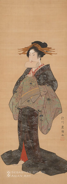 UTAGAWA TOYOKUNI (Japanese, 1769–1825)<br>  <i>Courtesan Tying Her Obi</i><br>  Hanging scroll: ink, color, and gold pigment on silk  Edo period, Bunka era, circa 1810–12 36¼ x 13¼ in. (92.0 x 33.6 cm) Signed: <i>Utagawa Toyokuni ga</i> Sealed: <i>Ichiyōsai</i>