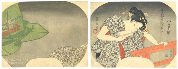 UTAGAWA TOYOKUNI I (1769&ndash;1825)<br /><i>Chūka no zu</i> (Fifth lunar month)<br />Color woodblock prints: <i>aiban uchiwa-e</i>, each sheet 8⅝ x 11⅜ in. (21.9 x 29.5 cm) approx.; Bunsei V (1822) Series: <i>Fashionable Twelve Months</i> (Imayo jūni-kagetsu) Signed: <i>Toyokuni ga&nbsp;</i>Sealed: <i>Toshidama&nbsp;</i>Censorship seal: <i>kiwame</i> (approved) Date seal:&nbsp; <i>Ushi</i> (ox) Publisher: Dansendō (Ibaya Sensaburō)