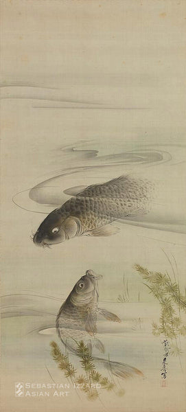 SHIBATA ZESHIN (1807–1891) Carp Swimming among Water Plants Pair of hanging scrolls: ink and color on silk  Meiji era, 1889 Each 124 x 56 cm Signed: Tairyukyo Zeshin sha and Gyonen hachijusan-o (at the age of eighty-three) Zeshin sha Sealed: Shin; roller ends: lacquer decorated with lotus, signed Reiya [Shibata Kametaro (1850–1915)]; box inscribed: Shibata Zeshin o hitsu suichu koi no zu (Carp in Water, painted by the venerable Shibata Zeshin), signed Kakanan Chikushin kanheidai (certified and titled by Kak