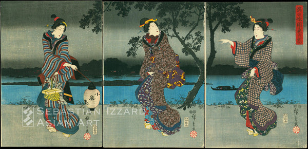 Utagawa Hiroshige (1797—1858) Cherry Blossom on the Sumida Embankment on a Dark Night (Sumida tsutsumi yamiyo no sakura) Color woodblock print: oban tate-e triptych, 141/2 x 10 in. (36.8 x 25.4 cm.); Koka/Kaei eras, ca. 1847—51  Signature: Hiroshige ga, flower-head seal  Publisher: Iseya Ichibei