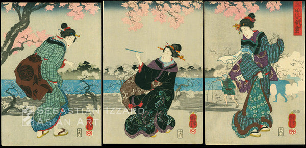 Utagawa Kuniyoshi (1797—1861) Morning Mist on the Sumida River (Sumidagawa no asagiri) Color woodblock print: oban tate-e triptych, each sheet 14½ x 10 in. (36.8 x 25.4 cm.); Koka/Kaei eras, ca. 1847—51  Signature: Ichiyusai Kuniyoshi ga, Kiri seal  Publisher: Enshuya Matabei