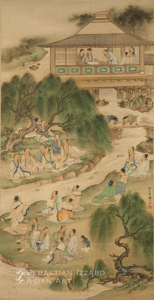 TANI BUNCHO (1763–1840) Scholars at the Lan T'ing Pavilion Hanging scroll: ink and color on silk  Edo period, cyclically dated to Kyowa 3 (1803)  139.1 x 71.8 cm