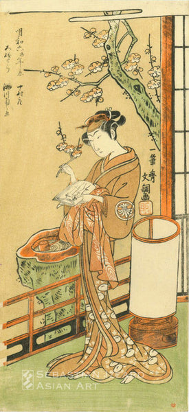 IPPITSUSAI BUNCHO (active ca. 1765–1792) The Actor Segawa Kikunojo II as Oiso no Tora Standing on a Veranda  Color woodblock print: hosoban,  123/8 x 53/4 in. (32.1 x 14.6 cm) Signature: Ippitsusai Buncho ga Artist’s seal: Moriuji Provenance: Henri Vever