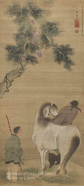 SAKAI HOITSU (1761–1828) White Horse and Grooms Hanging scroll: ink and color on silk  Edo period, dated Horeki 10 (1760)  109.5 x 48.9 cm