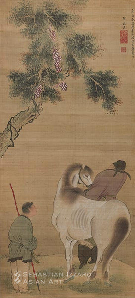YOSA BUSON  (1716–1784)  White Horse and Grooms  Hanging scroll: ink and color on silk 109.5 x 48.9 cm); dated Horeki 10 (1760)  Signed: Shachoko; sealed: Kaidai ni chiki sonsureba (and yet, while China holds our friendship) and Tansei shite ro ni itaran to suru wo shirazu (I don’t think about getting old as I paint) Inscription: Konoetatsu [koshin] no haru ni Heianjo [no] sumi [ni aru] Sanka-ken [no] naka [ni] utsu[shita] (Painted in the spring of 1760, at Sanka-ken in the corner of Heianjo (Kyoto))