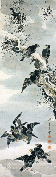 Yosa Buson (1716–1784) Mynah Birds in Winter Hanging scroll, ink and colors on paper, 144.4 x 46 cm.