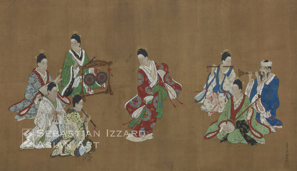 MIYAGAWA CHOSHUN (1683–1753) Ryukyuan Dancers and Musicians Hanging scroll:  ink and light color on silk,  60 x 105.5 cm Signed: Yamato-e Miyagawa Choshun zu, sealed Choshun no in