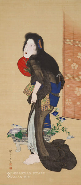 KEISAI EISEN (1790–1848) Beauty with Her Hair Down Hanging scroll: ink and color on silk  Edo period, ca. 1835 144.9 x 64.3 cm