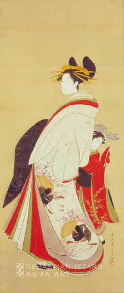 HOSODA EISHI (1756–1829) Courtesan on Parade with Her Kamuro Hanging scroll; ink, color, and gold pigment on silk 96 x 40.5 cm