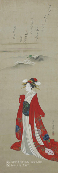 HOSODA EISHI (1756-1829) Young Woman Viewing Cherry Blossoms Hanging scroll: ink and color on silk 92.1 x 31.1 cm; Bunka era (1804–18) Signed: Chobunsai Eishi hitsu, sealed Eishi  Poem signed: Shokusanjin (Ota Nanpo, 1749–1823)