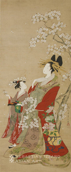 HOSODA EISHI (1756–1829)  Courtesan and Her Kamuro beneath Flowering Cherry  Hanging scroll: ink, color, and gold pigment on silk 361/2 x 15 in. (92.7 x 38.1 cm); circa 1815–20 Signed: Chobunsai Eishi hitsu; sealed Eishi