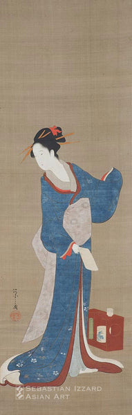 HOSODA EISHI (1756−1829)   Standing Beauty with a Letter in her Hand (detail)  Hanging scroll: ink, color, and gold pigment on silk H: 77.5 cm; W: 24.8 cm Kansei era, circa 1793−95 Signed: Eishi zu; sealed: Kako  Provenance: Hayashi Tadamasa, sold Hotel Druout, Objets D’Art et Peintures de la Chine et du Japon réunis par T. Hayashi, Part II, 1903, lot 1606