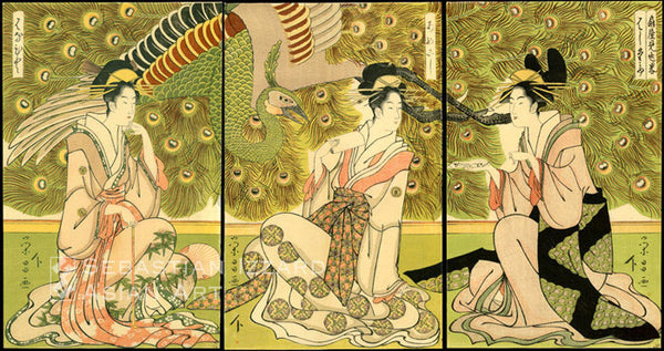 HOSODA EISHO (active ca. 1780–1800) A Glimpse at the Premises of the House of the Fan: Hashidate, Ayakoshi, and Hanabito (Ogiya mise ryaku) Color woodblock print: oban tate-e triptych Each panel 38.4 x 24.1 cm; ca. 1794–95 Signed Eisho ga Publisher: Yamaguchiya Chusuke